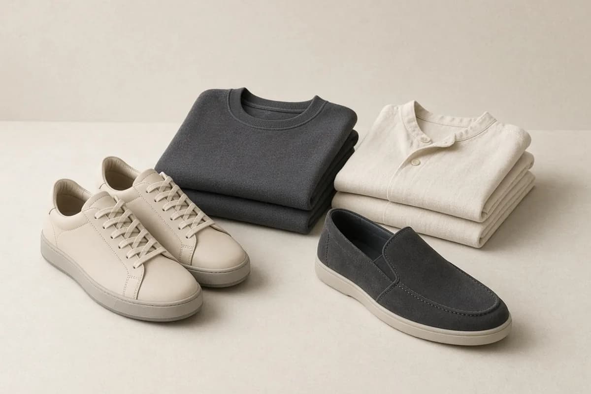 Footwear and clothing arranged for comparison