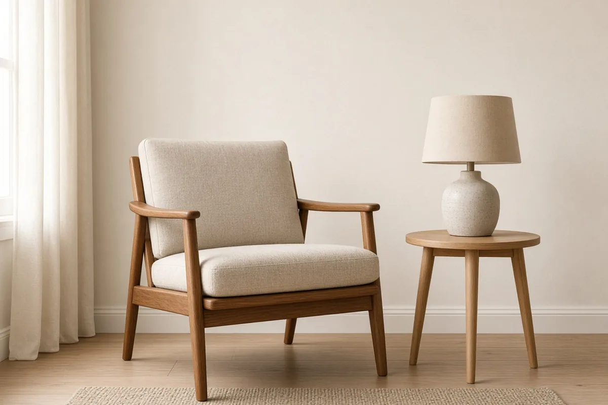 Chair, lamp and side table in a living space