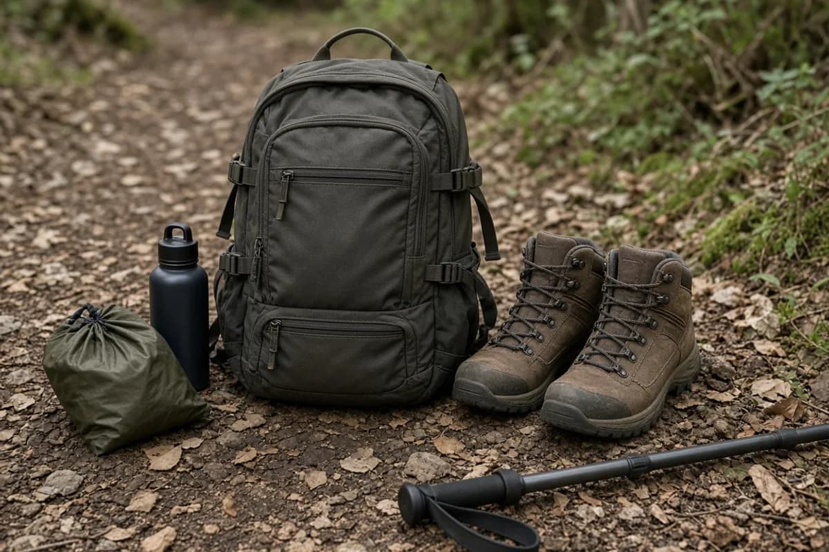 Day pack and outdoor footwear beside a trail