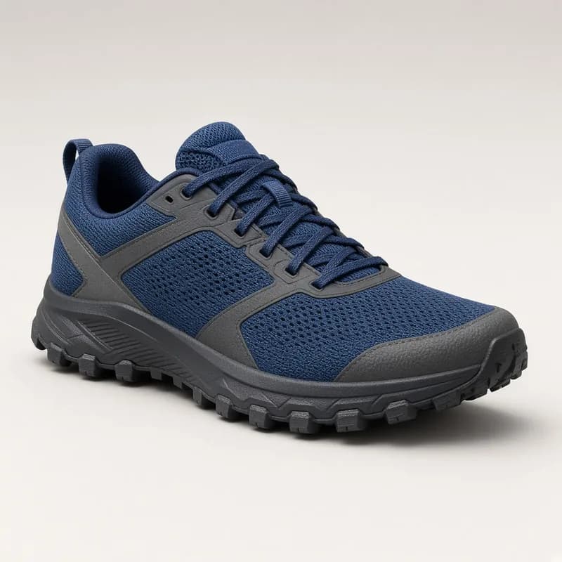 Blue and charcoal trail running shoe, illustrative product
